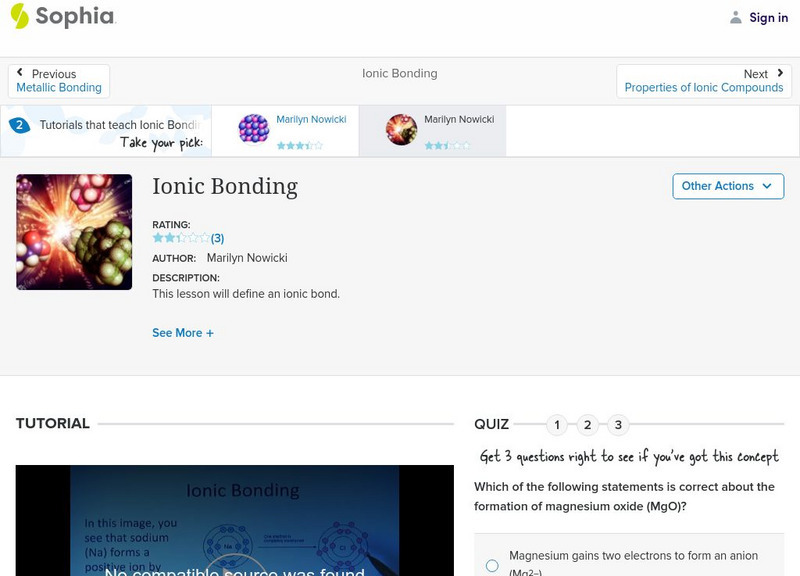 Sophia: Ionic Bonding: Lesson 3 Instructional Video