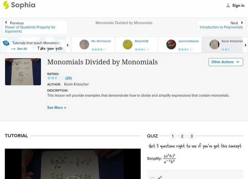 Sophia: Monomials Divided by Monomials: Lesson 3 Instructional Video