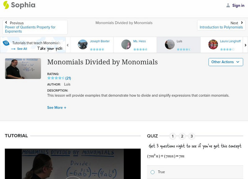 Sophia: Monomials Divided by Monomials: Lesson 7 Instructional Video