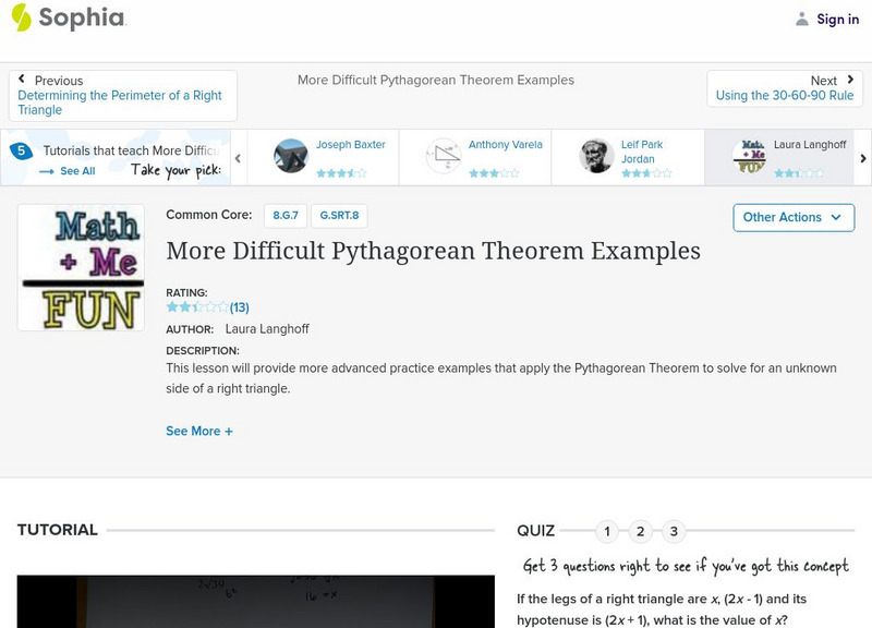 Sophia: More Difficult Pythagorean Theorem Examples: Lesson 1 Instructional Video