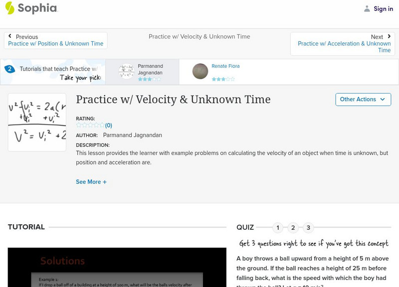 Sophia: Practice W/ Velocity & Unknown Time: Lesson 1 Instructional Video