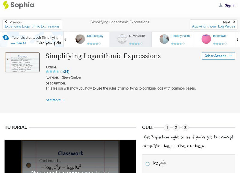 Sophia: Simplifying Logarithmic Expressions: Lesson 11 Instructional Video