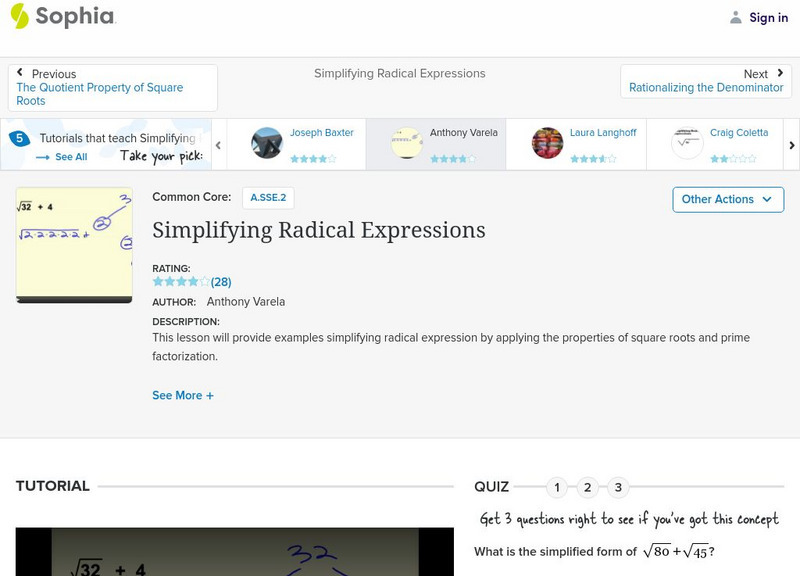 Sophia: Simplifying Radical Expressions: Lesson 5 Unit Plan Sophia: Simplifying Radical Expressions: Lesson 5 Unit Plan