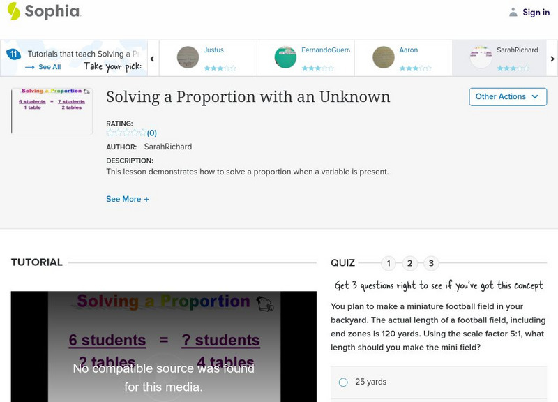 Sophia: Solving a Proportion With an Unknown: Lesson 8 Instructional Video Sophia: Solving a Proportion With an Unknown: Lesson 8 Instructional Video
