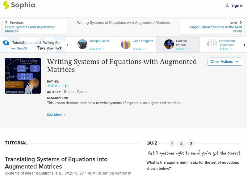 Sophia: Writing Systems of Equations With Augmented Matrices Instructional Video Sophia: Writing Systems of Equations With Augmented Matrices Instructional Video
