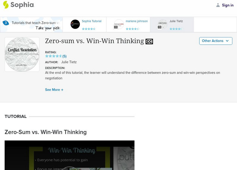 Sophia: Zero Sum vs. Win Win Thinking: Lesson 1 Unit Plan Sophia: Zero Sum vs. Win Win Thinking: Lesson 1 Unit Plan