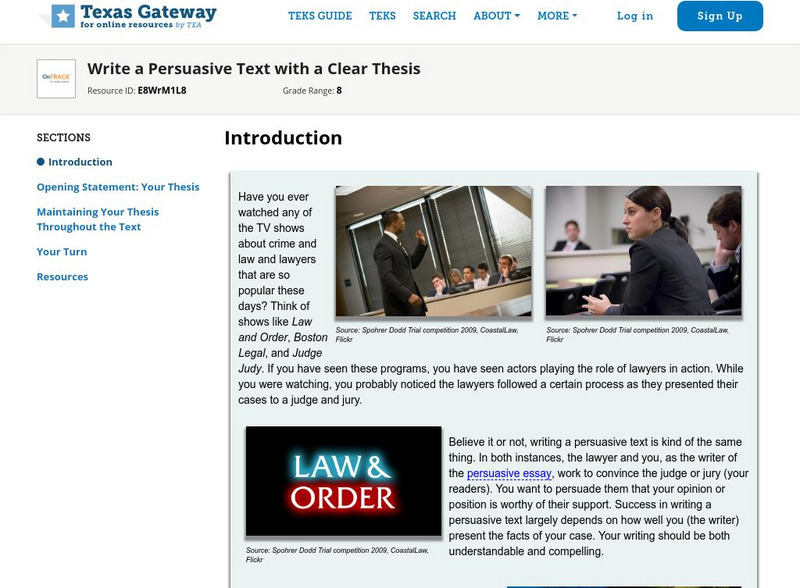 Texas Gateway: Write a Persuasive Text With a Clear Thesis Unit Plan Texas Gateway: Write a Persuasive Text With a Clear Thesis Unit Plan
