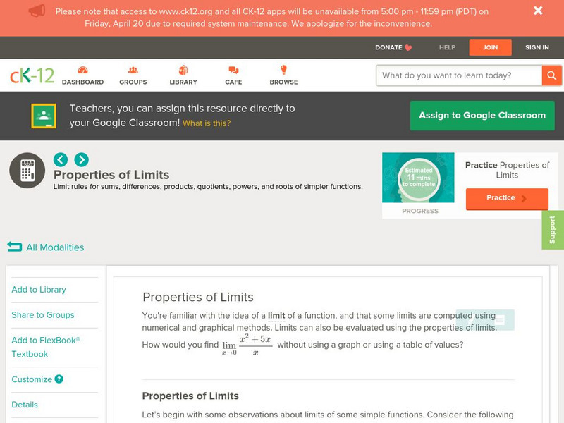 Ck 12: Properties of Limits Unit Plan Ck 12: Properties of Limits Unit Plan