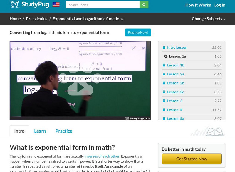Study Pug: Converting From Logarithmic Form to Exponential Form Instructional Video Study Pug: Converting From Logarithmic Form to Exponential Form Instructional Video