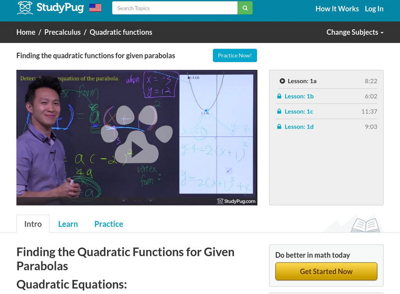 Study Pug: Finding the Quadratic Functions for Given Parabolas Instructional Video Study Pug: Finding the Quadratic Functions for Given Parabolas Instructional Video