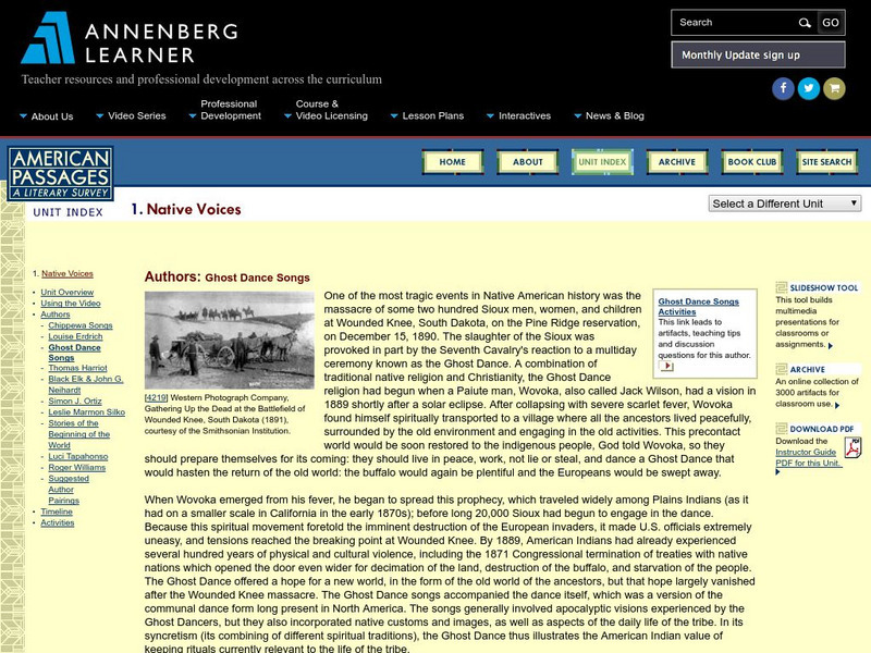 Annenberg Learner: American Passages: Native Voices: Ghost Dance Songs Unit Plan Annenberg Learner: American Passages: Native Voices: Ghost Dance Songs Unit Plan