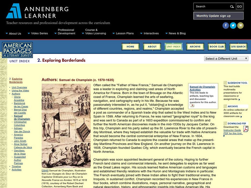Annenberg Learner: American Passages: Exploring Borderlands: Samuel De Champlain Unit Plan Annenberg Learner: American Passages: Exploring Borderlands: Samuel De Champlain Unit Plan