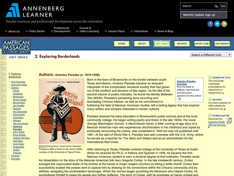 Annenberg Learner: American Passages: Exploring Borderlands: Americo Paredes Unit Plan Annenberg Learner: American Passages: Exploring Borderlands: Americo Paredes Unit Plan