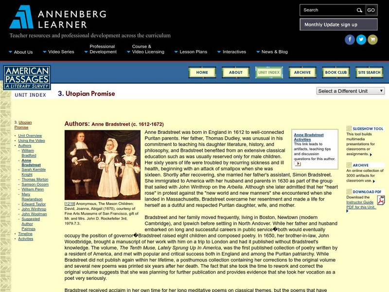 Annenberg Learner: American Passages: Utopian Promise: Anne Bradstreet Unit Plan Annenberg Learner: American Passages: Utopian Promise: Anne Bradstreet Unit Plan