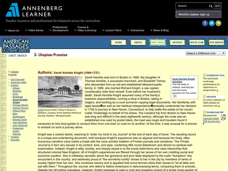 Annenberg Learner: American Passages: Utopian Promise: Sarah Kemble Knight Unit Plan Annenberg Learner: American Passages: Utopian Promise: Sarah Kemble Knight Unit Plan