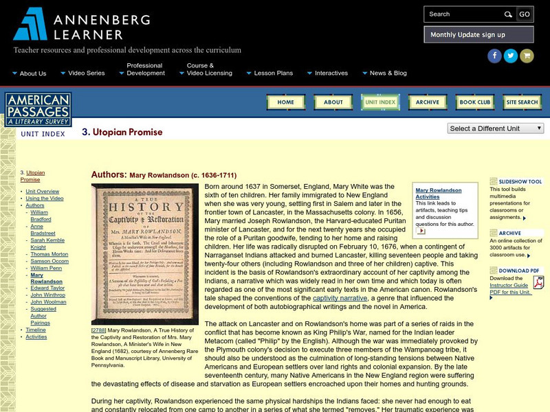 Annenberg Learner: American Passages: Utopian Promise: Mary Rowlandson Unit Plan Annenberg Learner: American Passages: Utopian Promise: Mary Rowlandson Unit Plan