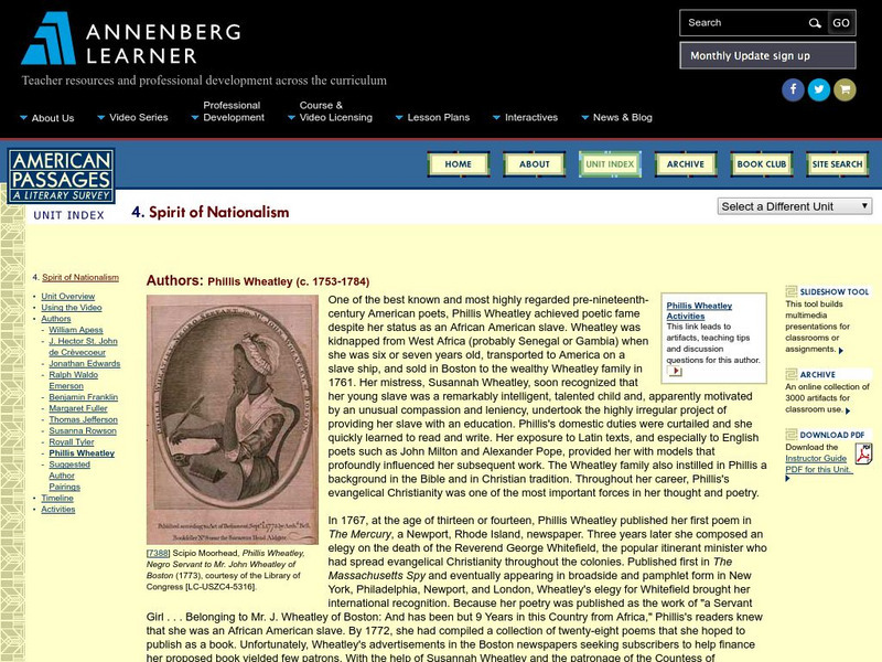 Annenberg Learner: American Passages: Spirit of Nationalism: Phillis Wheatley Unit Plan Annenberg Learner: American Passages: Spirit of Nationalism: Phillis Wheatley Unit Plan