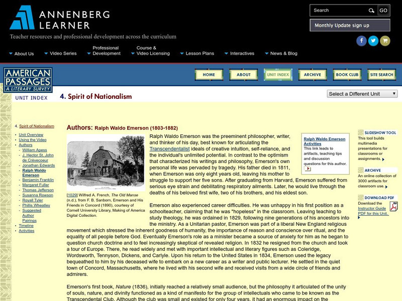 Annenberg Learner: American Passages: Spirit of Nationalism: Ralph Waldo Emerson Unit Plan Annenberg Learner: American Passages: Spirit of Nationalism: Ralph Waldo Emerson Unit Plan