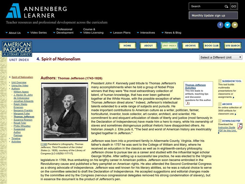Annenberg Learner: American Passages: Spirit of Nationalism: Thomas Jefferson Unit Plan Annenberg Learner: American Passages: Spirit of Nationalism: Thomas Jefferson Unit Plan
