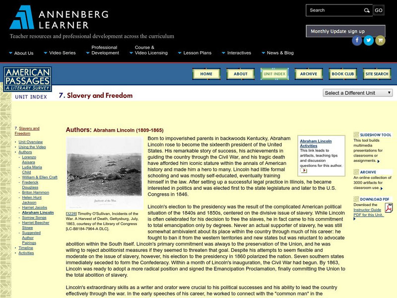 Annenberg Learner: American Passages: Slavery and Freedom: Abraham Lincoln Unit Plan Annenberg Learner: American Passages: Slavery and Freedom: Abraham Lincoln Unit Plan