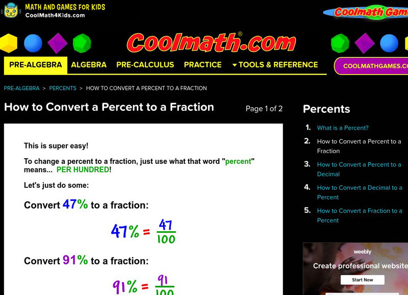 Coolmath: Percents How to Convert a Percent to a Fraction Graphic Coolmath: Percents How to Convert a Percent to a Fraction Graphic