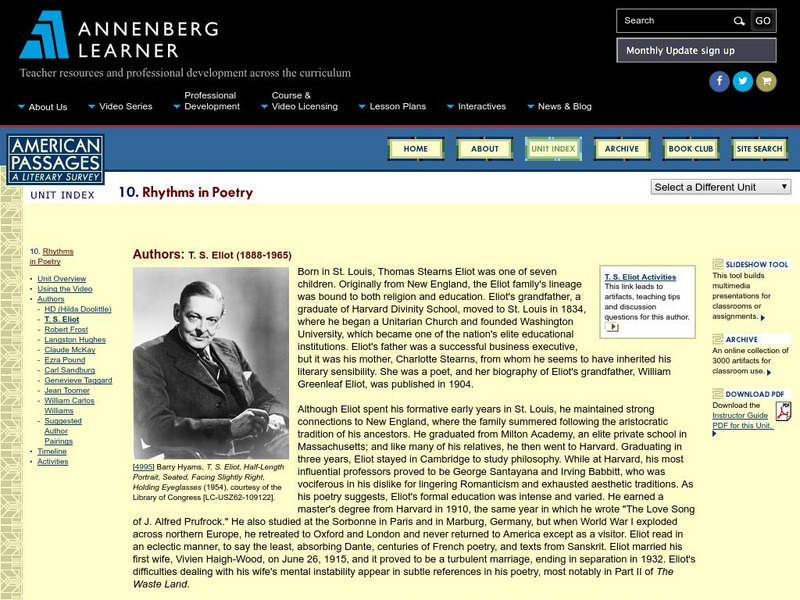 Annenberg Learner: American Passages: Rhythms in Poetry: T. S. Eliot Unit Plan Annenberg Learner: American Passages: Rhythms in Poetry: T. S. Eliot Unit Plan