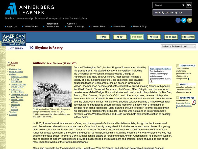 Annenberg Learner: American Passages: Rhythms in Poetry: Jean Toomer Unit Plan Annenberg Learner: American Passages: Rhythms in Poetry: Jean Toomer Unit Plan