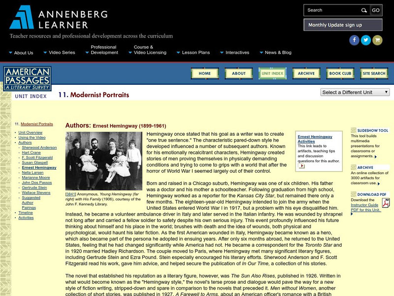 Annenberg Learner: American Passages: Modernist Portraits: Ernest Hemingway Unit Plan