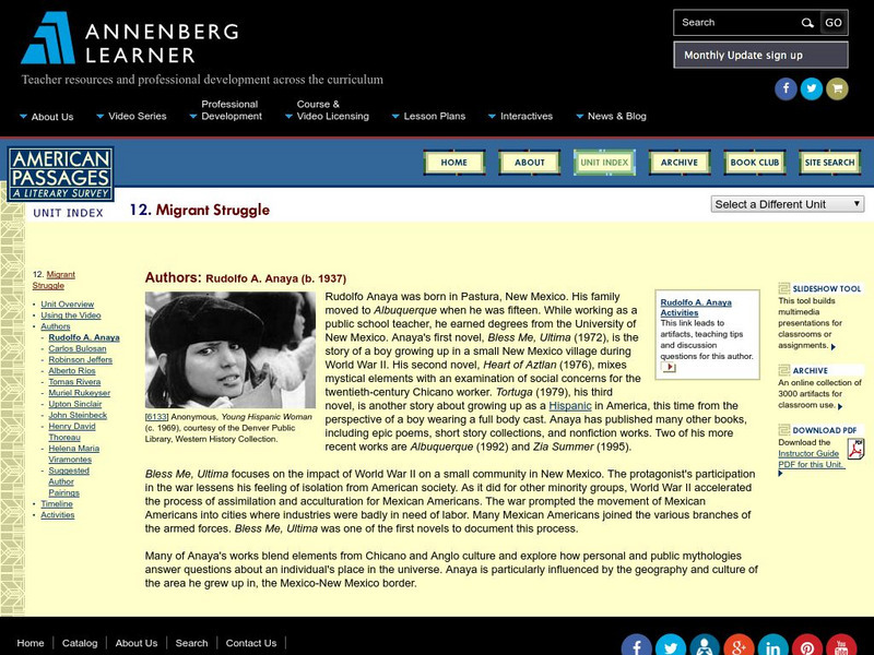 Annenberg Learner: American Passages: Migrant Struggle: Rudolfo Anaya Unit Plan