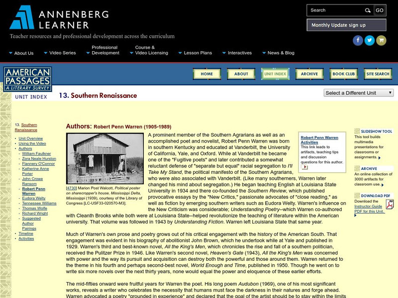 Annenberg Learner: American Passages: Southern Renaissance: Robert Penn Warren Unit Plan Annenberg Learner: American Passages: Southern Renaissance: Robert Penn Warren Unit Plan