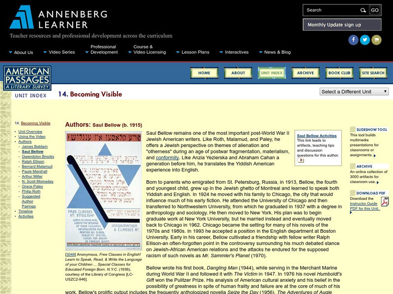 Annenberg Learner: American Passages: Becoming Visible: Saul Bellow Unit Plan Annenberg Learner: American Passages: Becoming Visible: Saul Bellow Unit Plan