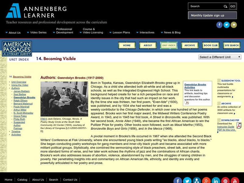 Annenberg Learner: American Passages: Becoming Visible: Gwendolyn Brooks Unit Plan Annenberg Learner: American Passages: Becoming Visible: Gwendolyn Brooks Unit Plan