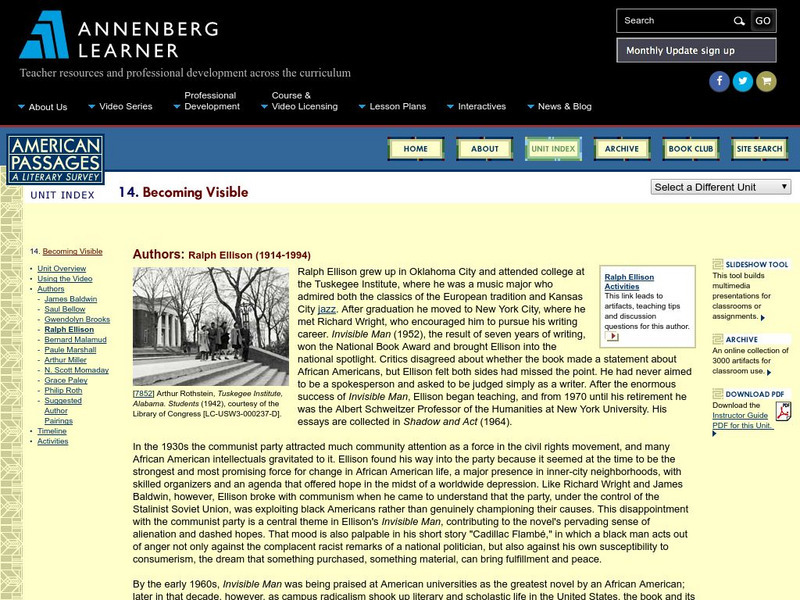 Annenberg Learner: American Passages: Becoming Visible: Ralph Ellison Unit Plan Annenberg Learner: American Passages: Becoming Visible: Ralph Ellison Unit Plan