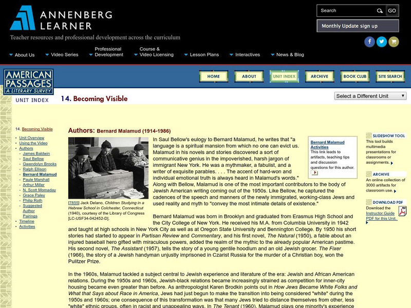 Annenberg Learner: American Passages: Becoming Visible: Bernard Malamud Unit Plan Annenberg Learner: American Passages: Becoming Visible: Bernard Malamud Unit Plan