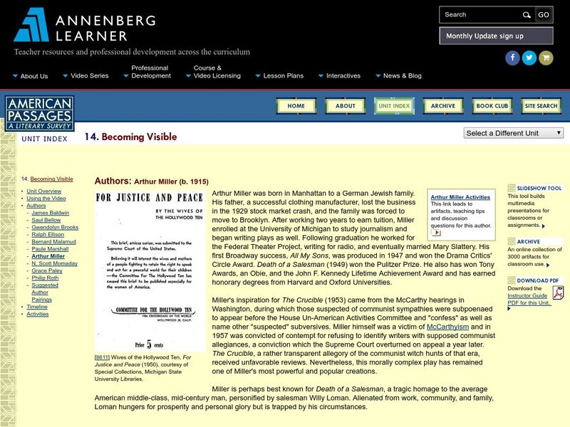 Annenberg Learner: American Passages: Becoming Visible: Arthur Miller Unit Plan Annenberg Learner: American Passages: Becoming Visible: Arthur Miller Unit Plan