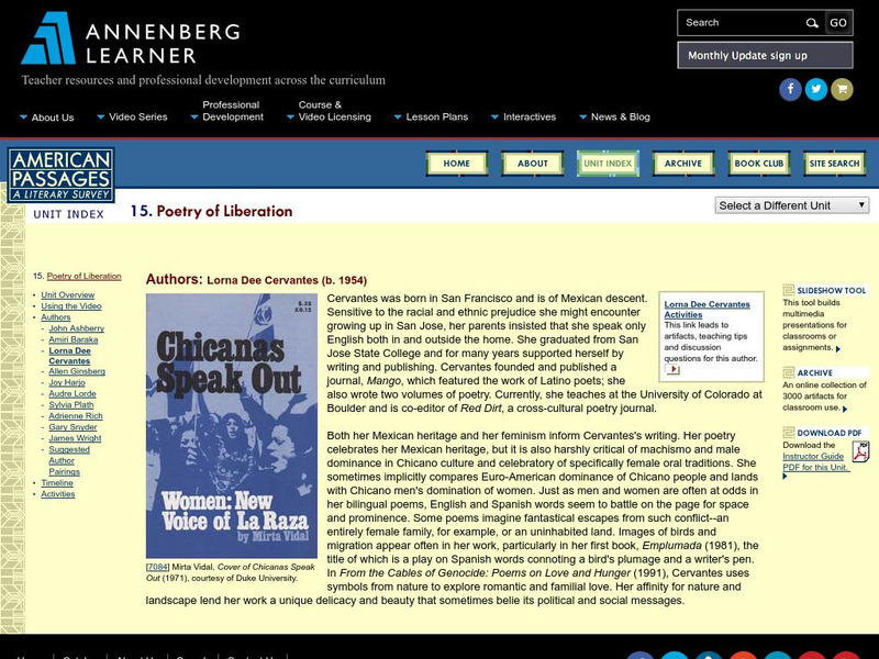 Annenberg Learner: American Passages: Poetry of Liberation: Lorna Dee Cervantes Unit Plan Annenberg Learner: American Passages: Poetry of Liberation: Lorna Dee Cervantes Unit Plan