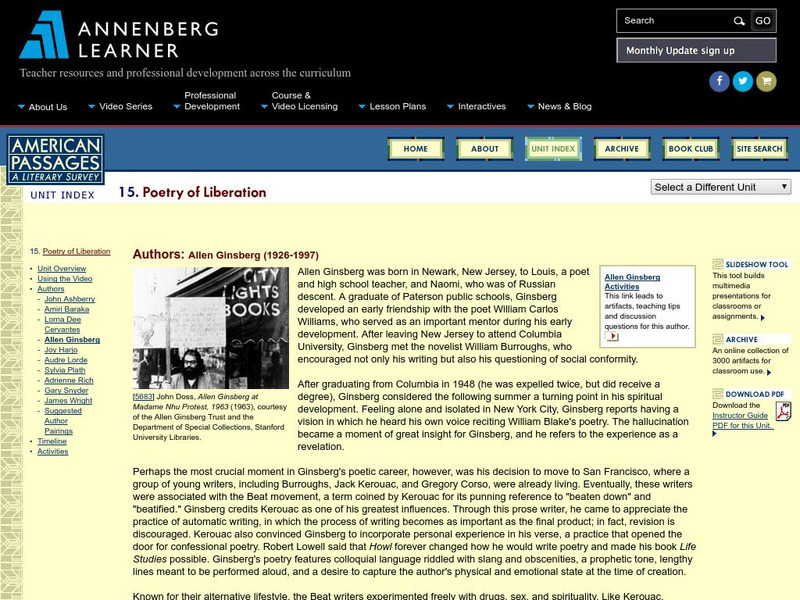 Annenberg Learner: American Passages: Poetry of Liberation: Allen Ginsberg Unit Plan Annenberg Learner: American Passages: Poetry of Liberation: Allen Ginsberg Unit Plan