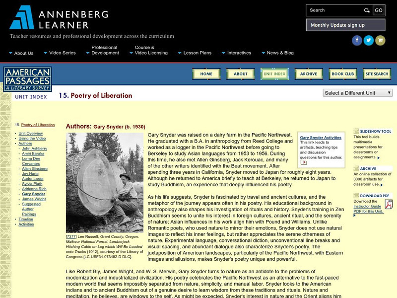 Annenberg Learner: American Passages: Poetry of Liberation: Gary Snyder Unit Plan Annenberg Learner: American Passages: Poetry of Liberation: Gary Snyder Unit Plan
