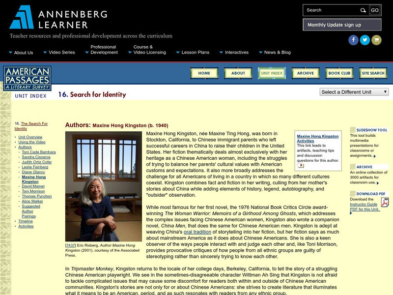 Annenberg Learner: American Passages: Search for Identity: Maxine Hong Kingston Unit Plan Annenberg Learner: American Passages: Search for Identity: Maxine Hong Kingston Unit Plan