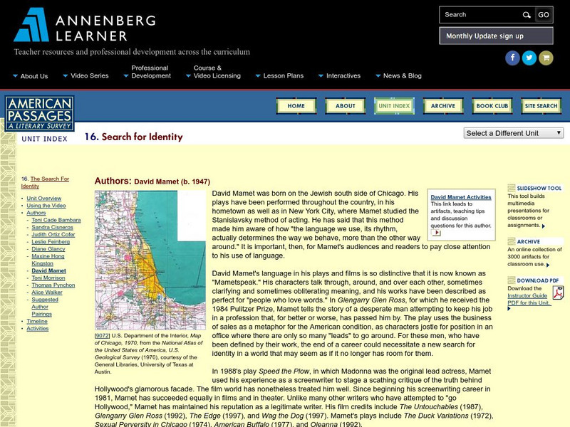 Annenberg Learner: American Passages: The Search for Identity: David Mamet Unit Plan Annenberg Learner: American Passages: The Search for Identity: David Mamet Unit Plan