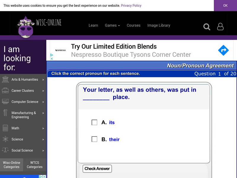 Wisc Online: Noun Pronoun Agreement Exercise I Unknown Type Wisc Online: Noun Pronoun Agreement Exercise I Unknown Type
