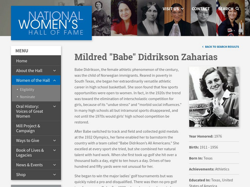 National Women's Hall of Fame: Mildred "Babe" Didrikson Zaharias Handout National Women's Hall of Fame: Mildred "Babe" Didrikson Zaharias Handout