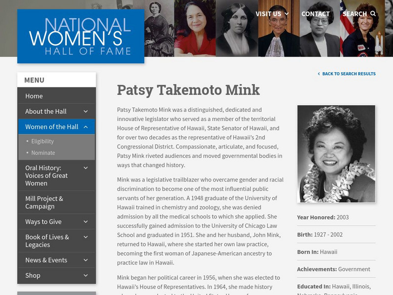 National Women's Hall of Fame: Patsy Takemoto Mink Handout National Women's Hall of Fame: Patsy Takemoto Mink Handout
