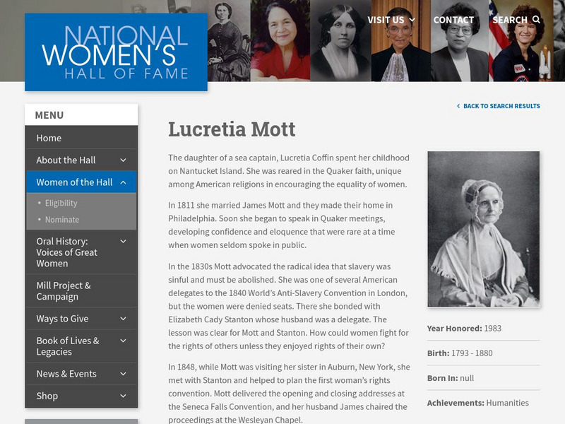 National Women's Hall of Fame: Lucretia Mott Handout National Women's Hall of Fame: Lucretia Mott Handout