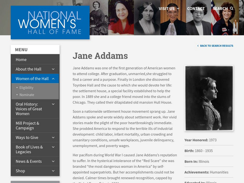 National Women's Hall of Fame: Jane Addams Handout National Women's Hall of Fame: Jane Addams Handout
