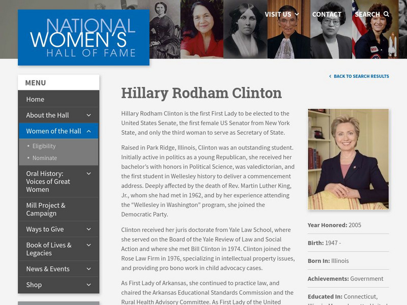 National Women's Hall of Fame: Hillary Rodham Clinton Handout National Women's Hall of Fame: Hillary Rodham Clinton Handout