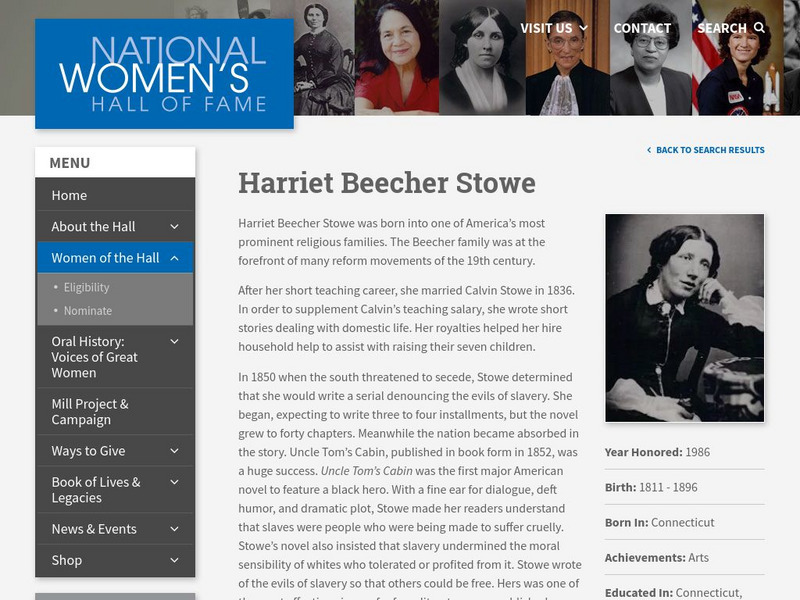 National Women's Hall of Fame: Harriet Beecher Stowe Handout National Women's Hall of Fame: Harriet Beecher Stowe Handout
