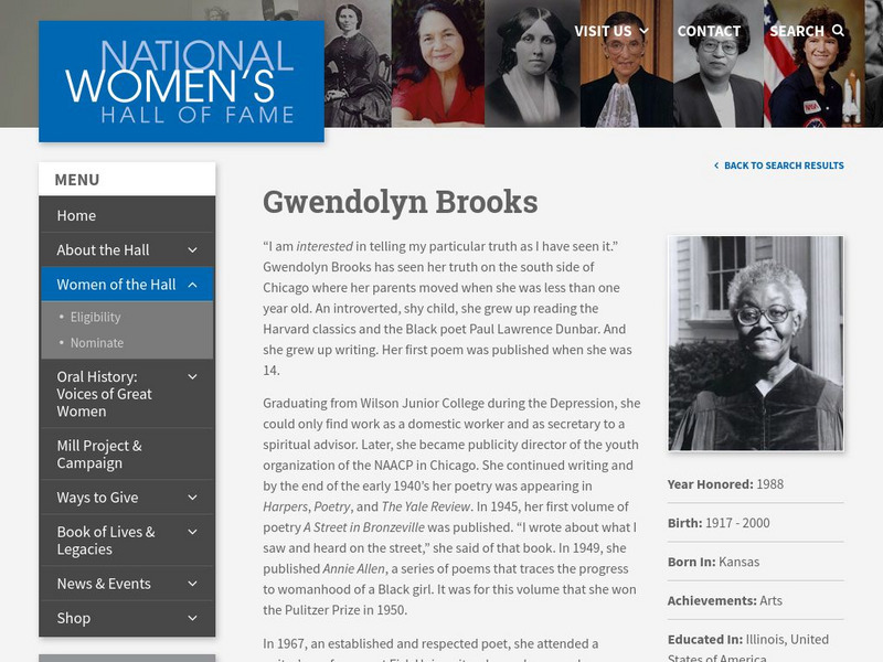 National Women's Hall of Fame: Gwendolyn Brooks Website National Women's Hall of Fame: Gwendolyn Brooks Website
