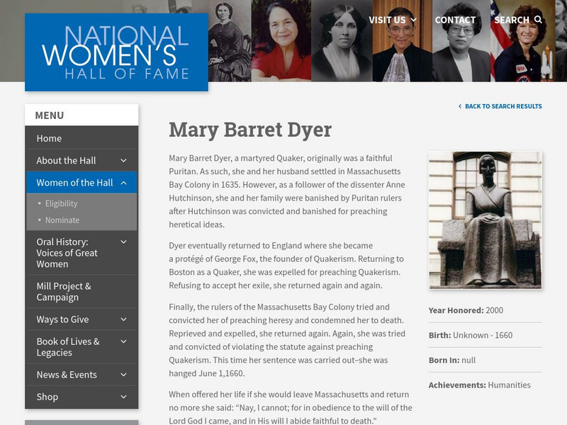 National Women's Hall of Fame: Mary Barret Dyer Activity National Women's Hall of Fame: Mary Barret Dyer Activity