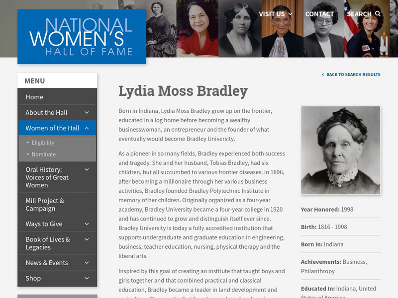 National Women's Hall of Fame: Lydia Moss Bradley Handout National Women's Hall of Fame: Lydia Moss Bradley Handout